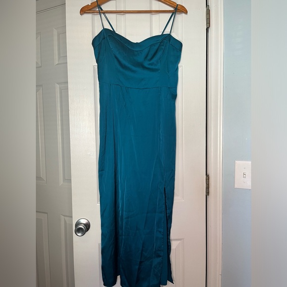A&F satin high slit midi dress spaghetti strap Camille M party holiday teal - Picture 10 of 11